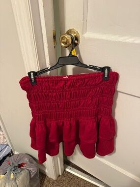 Red Smocked Mini Skirt with Ruffle Hem